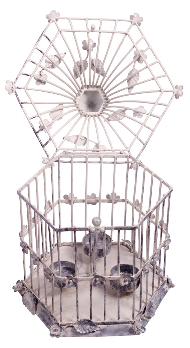 Hanging Tea-Light Candle Holder for 3 Tea-Lights – Cast in Iron – Look of a Bird-Cage – Distressed Finish in Gray & White Color – Metal Votive Candle Holders – Unique Candle Décor  - Buy in Bulk Wholesale